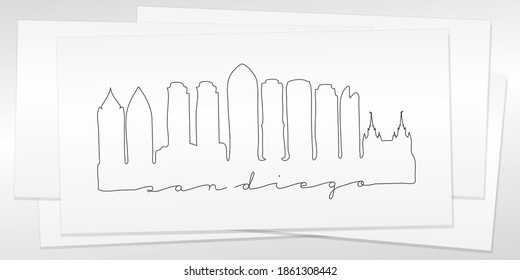 San Diego, CA, USA Doodle Skyline Hand Drawn. City One Line Art Illustration Landmark. Minimalistic Sketch Pen Background.