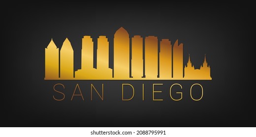 San Diego, CA, USA Gold Skyline City Silhouette Vector. Golden Design Luxury Style Icon Symbols. Travel and Tourism Famous Buildings.