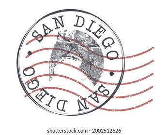 San Diego, CA, USA Stamp Map Postal. Silhouette Seal Roads and Streets. Passport Round Design. Vector Icon. Design Retro Travel National Symbol.