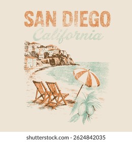 San Diego California beach. Vintage hand drawing adventure surfing vector. tropical vintage retro graphics. summer beach graphics. vintage t-shirt design. summer graphic tee. girls fashion design. men