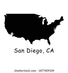 San Diego California City on USA Map. Detailed America Country Map with Location Pin on San Diego CA. Black silhouette vector maps isolated on white background.