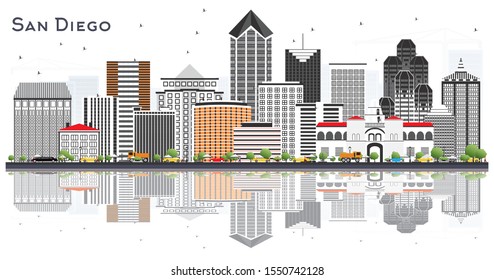 San Diego California City Skyline with Gray Buildings and Reflections Isolated on White. Vector Illustration. Business Travel and Tourism Concept with Modern Architecture. San Diego Cityscape.