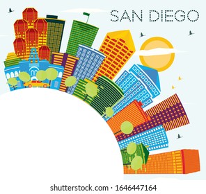 San Diego California City Skyline with Color Buildings, Blue Sky and Copy Space. Vector Illustration. Business Travel and Tourism Concept with Modern Architecture. San Diego Cityscape with Landmarks.