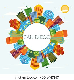 San Diego California City Skyline with Color Buildings, Blue Sky and Copy Space. Vector Illustration. Business Travel and Tourism Concept with Modern Architecture. San Diego Cityscape with Landmarks.