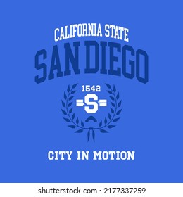 San Diego, California design for t-shirt. College tee shirt print. Typography graphics for sportswear and apparel. Vector illustration.