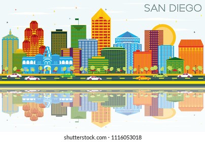 San Diego California Skyline with Color Buildings, Blue Sky and Reflections. Vector Illustration. Business Travel and Tourism Concept with Modern Architecture. San Diego Cityscape with Landmarks.