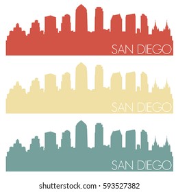 San Diego California Skyline Silhouette City Famous Vector Vintage Color Set Design Logo Clipart Illustration.