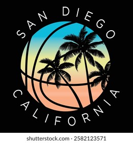 San Diego California skyline style vintage typography vector art illustration, San Diego California with sunset palm silhouette tshirt design, Symbol of vacation, Summer and surfing, Los Angeles Beach