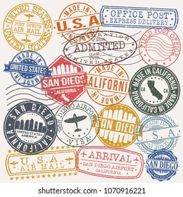 San Diego California Stamp Vector Art Postal Passport Travel Design Set.