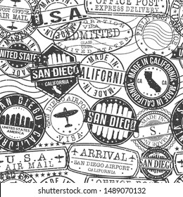 San Diego California Stamps. City Stamp Vector Art. Postal Passport Travel. Design Set Pattern.