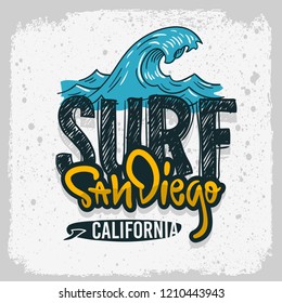 San Diego California  Surfing Surf  Design  Hand Drawn Lettering Type Logo Sign Label for Promotion Ads t shirt or sticker Poster Vector Image