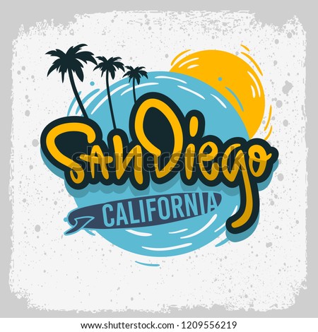 San Diego California Surfing Surf  Design  Hand Drawn Lettering Type Logo Sign Label for Promotion Ads t shirt or sticker Poster Vector Image