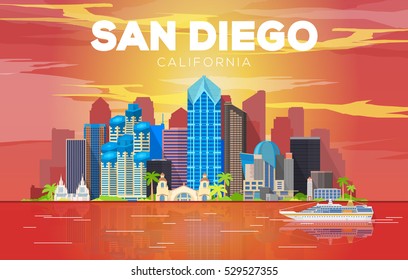 San Diego California (United States) city skyline vector background. Flat vector illustration.
Travel picture. Image for Presentation Banner Placard and Web Site.