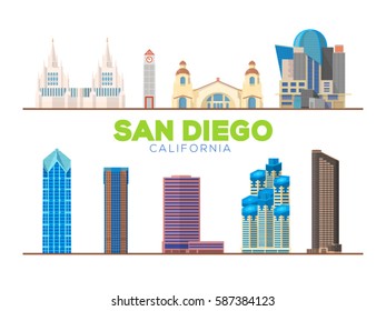San Diego California (United States) city landmarks isolated object. Flat vector illustration.Business travel and tourism concept with modern buildings. Image for presentation, banner, web site.