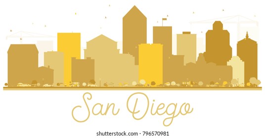 San Diego California USA City Skyline Golden Silhouette. Simple Flat Concept for Tourism Presentation, Banner or Web Site. San Diego Cityscape with landmarks. Vector Illustration.