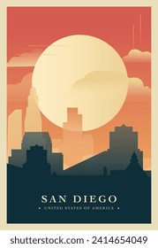 San Diego city brutalism poster with abstract skyline, cityscape. USA California state retro vector illustration. US travel front cover, brochure, flyer, leaflet, presentation template, layout image