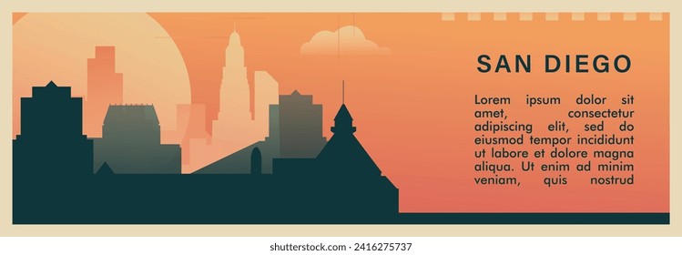 San Diego city brutalism vector banner with skyline, cityscape. USA California state retro horizontal illustration. United States of America travel layout for web presentation, header, footer