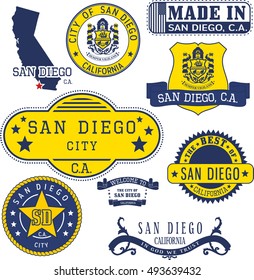 San Diego city, California. Set of generic stamps and signs.