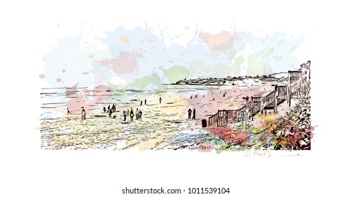 San Diego, City in California, USA. Watercolor splash with hand drawn sketch illustration in vector.