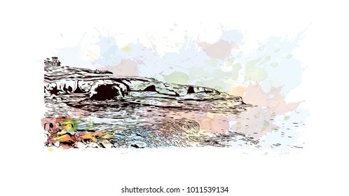San Diego, City in California, USA. Watercolor splash with hand drawn sketch illustration in vector.