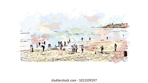 San Diego, City in California, USA. Watercolor splash with hand drawn sketch illustration in vector.