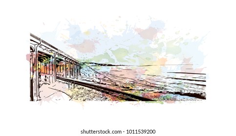 San Diego, City in California, USA. Watercolor splash with hand drawn sketch illustration in vector.