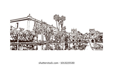 San Diego City in California, USA. Hand drawn sketch illustration in vector.