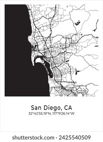 San Diego city map. Travel poster vector illustration with coordinates. San Diego, California, The United States of America Map in light mode.
