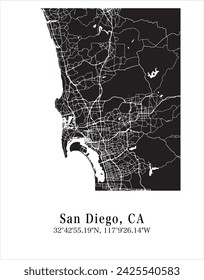 San Diego city map. Travel poster vector illustration with coordinates. San Diego, California, The United States of America Map in dark mode.