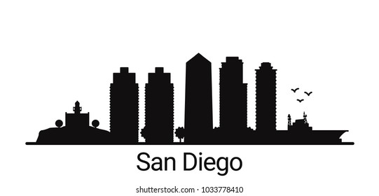 San Diego city outline skyline. All San Diego buildings - customizable objects, so you can simple change skyline composition. Minimal design.