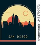 San Diego city retro style poster with skyline, cityscape. USA California  state vintage vector illustration. US front cover, brochure, flyer, leaflet template, layout image