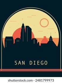 San Diego city retro style poster with skyline, cityscape. USA California  state vintage vector illustration. US front cover, brochure, flyer, leaflet template, layout image