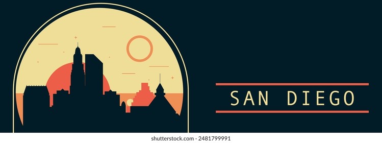 San Diego city retro style vector banner with skyline, cityscape. USA California state vintage horizontal illustration. United States of America travel layout for web presentation, header, footer