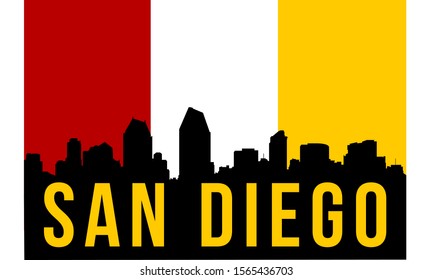 San Diego city skyline silhouette background, vector illustration and flag in background