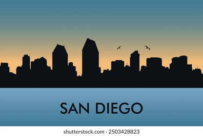 San Diego. The city skyline. Silhouettes of buildings. The sunset of the day. Vector on a blue background