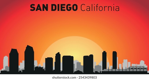 Horizonte de la ciudad de San Diego con siluetas de edificios con el telón de fondo de un Grande sol amarillo y cielo naranja. Vector en el fondo de la puesta del sol