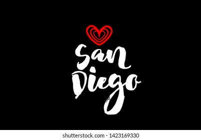 san diego city text with red love heart design on black background for typographic logo icon design