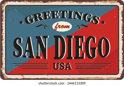 San Diego city vintage poster vector. Vintage tin sign with USA city.
