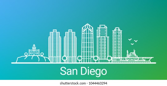 San Diego city white line on colorful background. All San Diego buildings - customizable objects with opacity mask, so you can simple change background. Line art.