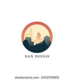 San Diego cityscape, vector gradient badge, flat skyline logo, icon. USA, California state city round emblem idea with landmarks and building silhouettes. Isolated abstract graphic