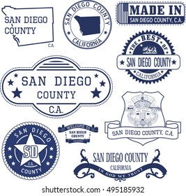 San Diego county, California. Set of generic stamps and signs including San Diego county map and seal elements.