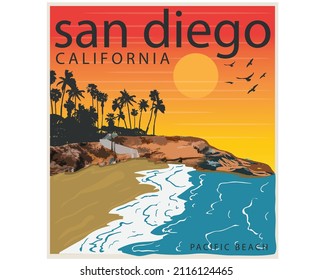 San diego graphic print design for t shirt. California beach artwork for  apparel, sticker, poster and other uses.