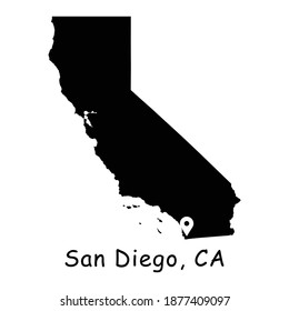 San Diego on California State Map. Detailed CA State Map with Location Pin on San Diego City. Black silhouette vector map isolated on white background.