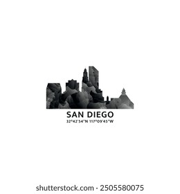 Panorama de San Diego, insignia de Vector, logotipo e ícono del horizonte. Logotipo del horizonte de la ciudad del estado de California de Estados Unidos con Lugares famosos y siluetas de construcción. Gradiente abstracto brumoso aislado gráfico para América