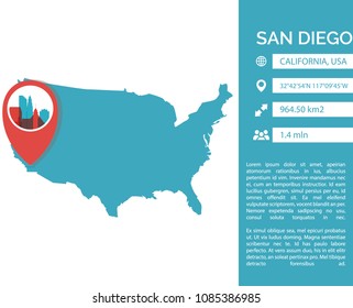 San Diego pin point map shape vector infographics template. Modern city data statistic isolated illustration