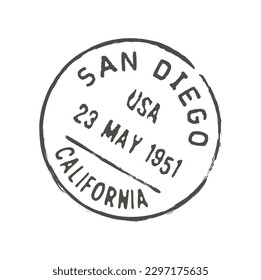 San Diego postage and postal stamp. Letter envelope or parcel imprint, United States of America postal grunge vector ink stamp or mail delivery departure California San Diego city seal