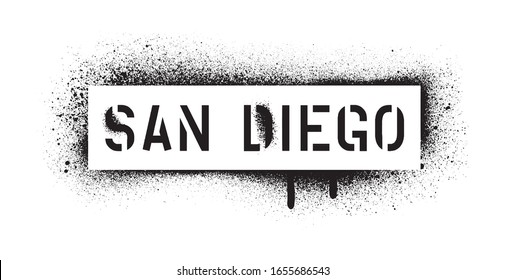 SAN DIEGO quote. City in the U.S. state of California. West coast. Spray graffiti stencil. White background.