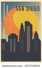 San Diego retro city poster with abstract shapes of skyline, buildings. USA, California state vintage travel vector illustration, cityscape at sunrise, sunset