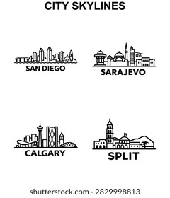 San Diego, Sarajevo, Calgary and Split city skylines with bridges, skyscrapers, domes, minaret, observation tower and mountain forms