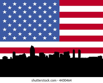 San Diego skyline with American flag illustration